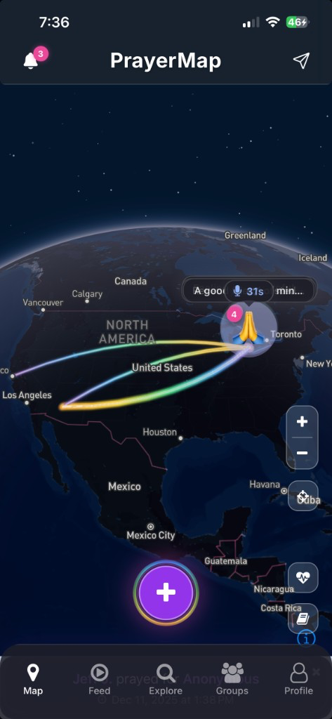 Zoomed out view of PrayerMap showing prayers across North America